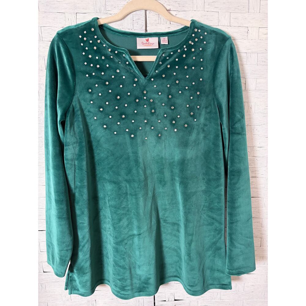 Quacker factory womens blouse velveteen rhinestones Hunter‎ Green cozycore